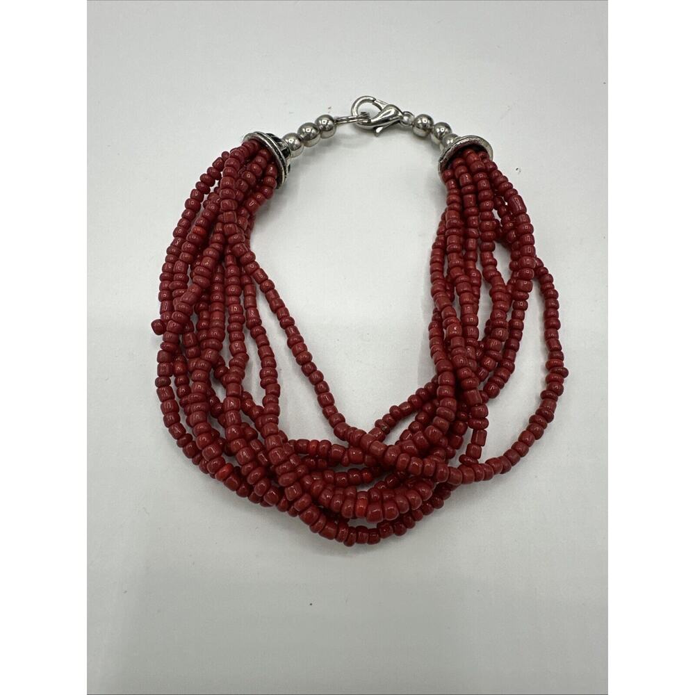 Seed Bead Multistrand Red Bracelet Silver Tone 8" Boho Tribal 7" Long Clasp